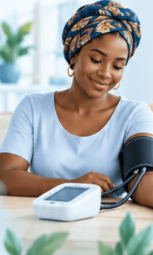 Une femme mesure sa tension chez elle, assise à une table, avec un tensiomètre électronique à bras.